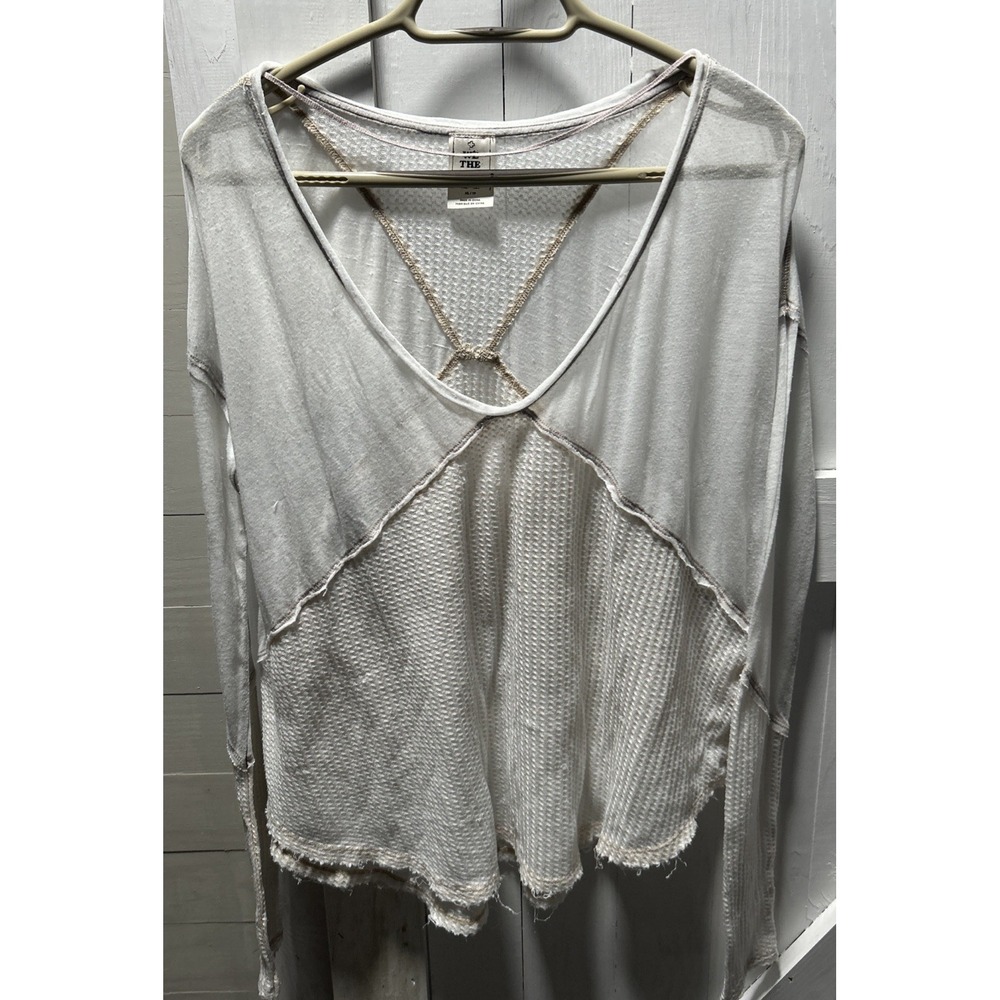 We The Free Sheer Burn Out Long Sleeve Top Waffle Knit Distressed XS Ivory